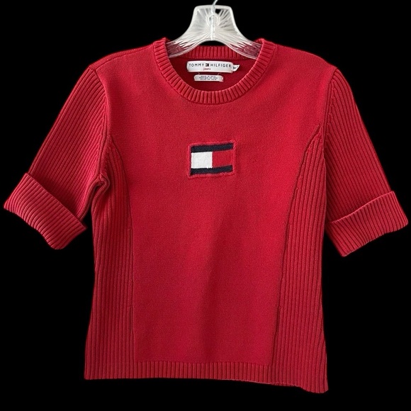 Vintage 2002 Tommy Hilfiger Red Flag Y2K Thick Knit Ribbed Top - Picture 1 of 6